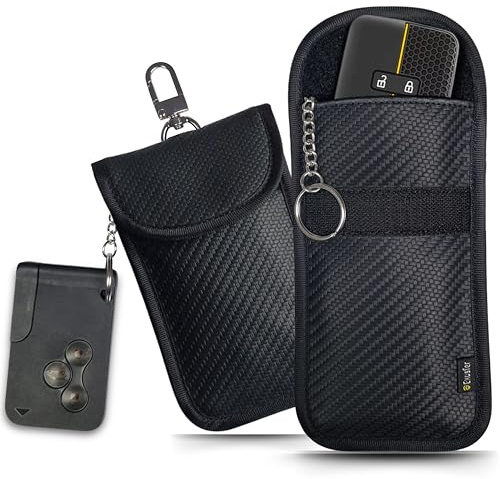 EXOSFER - Etui Anti RFID et Ondes pour Clé de Voiture - Pochette Cage de Faraday - Blocage Signal, Anti Piratage, Antivol Auto, Protection Badge Télépéage. Tissu Carbone (2 pochettes Medium)
