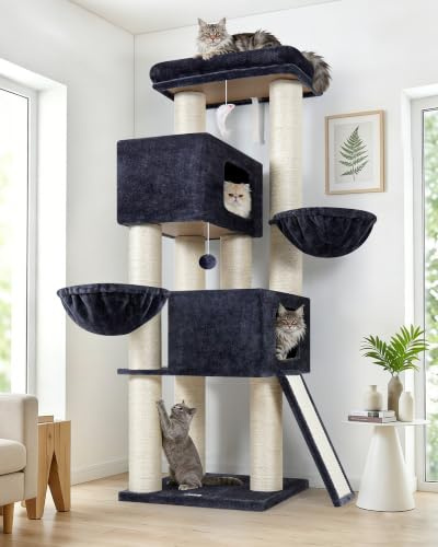 Globlazer S67 Solide Arbre a Chat Poteaux 11 cm pour Maine Coon Grand Chat | Arbres à Chats XXL avec 2 Niches 50cm Plateforme 2 Panier Rampe en Sisal Facile à Monter Gravir Tour à Chat pour Gros Chats