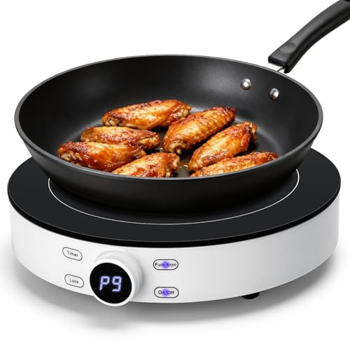 Aigostar Plaque à induction portable de 2000W Cookmate, Ecran LED, Tactile | 9 niveaux de puissance, minuterie avec arrêt, Compact Design rond exclusif, compatibles avec l’induction, Nettoyage facile