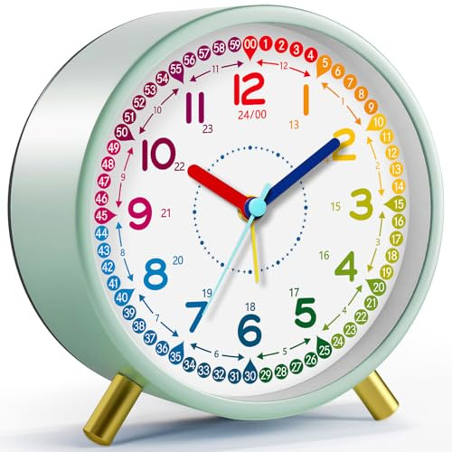 Zonopy Reloj despertador para niños, silencioso sin tictac, reloj analógico de aprendizaje para principiantes escolares, reloj despertador de enseñanza de tiempo para niños, elegante reloj redondo de