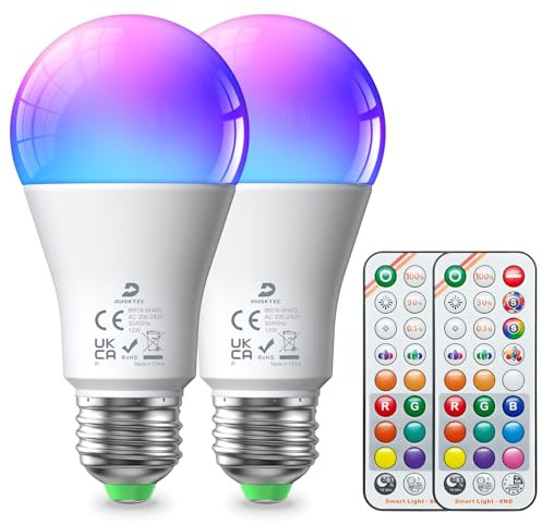 E27 Glühbirne RGB Farbwechsel mit Fernbedienung 12W ersetzt 100 Watt 1300LM | 12 Farbig LED Birne, E27 Lampe Bunt Warmweiss Kaltweiss Dimmbar, Glühlampen A60 Light Bulb mit Timer & Memory, 2 Stück