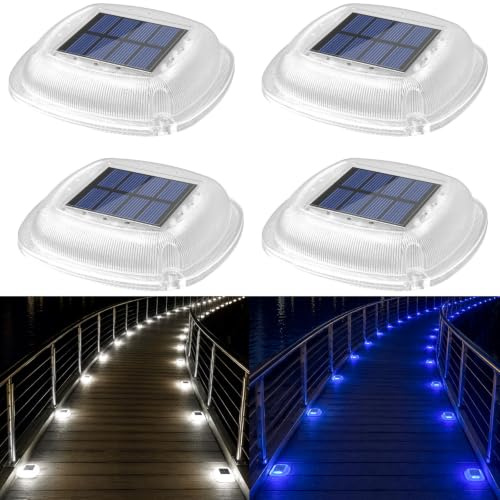 Lacasa Solar Bodenleuchten Aussen, 4 Stück LED Wegeleuchten Solarleuchten | 2 Farben Weiß/Blaues Licht, IP66 Wasserdicht, Auto ON/OFF, Solarlampen Gartenleuchten für Garten Rasen Terrasse Hof Gehwege