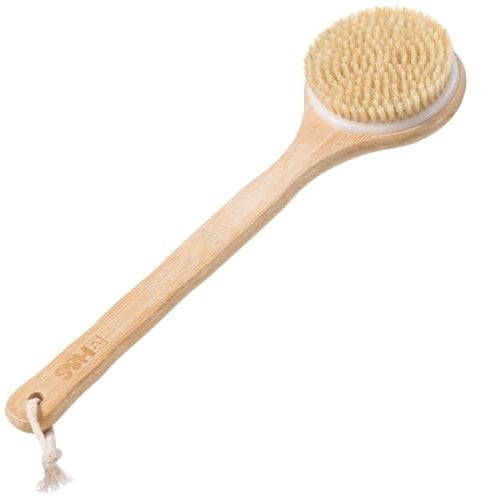 H&S Bamboo Body & Back Brush with Long Handle, Natural Bristles Shower Scrubber & Cellulite Exfoliating Brush for Dry Skin - Back Scrubber