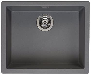 Reginox Amsterdam 50 GS Single Bowl Integrated Regi-Granite Metal Kitchen Sink, Heavy-Duty Inset and Undermount Sinks with Overflow Drainer, Waste Kit, Clips and Seals, Grey Silvery