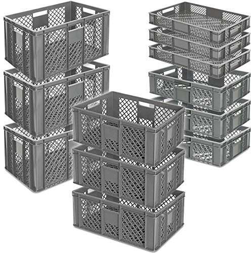 BRB 12x Stapelkorb / Bäckerkisten in 4 Größen, Grundmaß LxB 600x400 mm, H 90 mm, 150 mm, 240 mm, 320 mm, Farbe grau