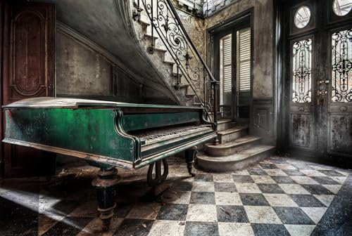 STYLER Glasbild Piano 80 x 120 cm I Lost Place altes Haus mystisch grünes Klavier vintage I Wandbild aus Glas I Bild Wohnzimmer Schlafzimmer Küche I XXL groß retro abstrakt