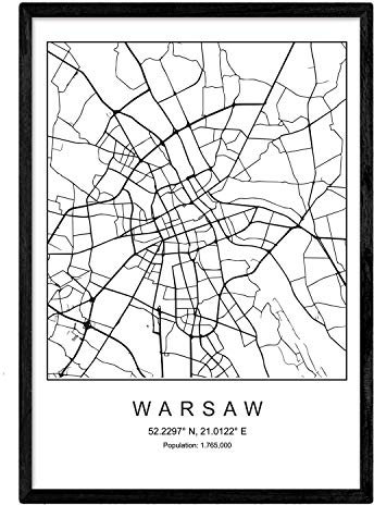 Drucken Stadtplan Warschau skandinavischen Stil in Schwarz und Weiß. Plakat A4 bedruckte Papier Keine 250 gr. Gemälde, Drucke und Poster für Wohnzimmer und Schlafzimmer