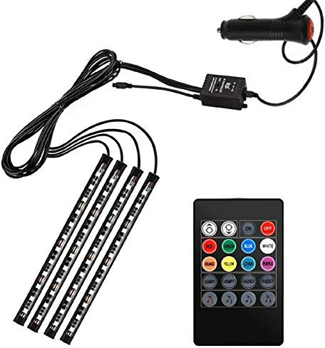 B01C Auto Innenraumbeleuchtung LED RGB Strip, 4 x 48 LEDs, 8 Farben, Musik-Synchronisation, Drahtlose Fernbedienung, 12V Zigarettenanzünder