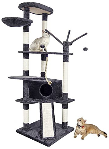 Meerveil Cat Tree, Height 167 cm, Play Tower for Cats with 4 Scratching Posts, 2 Platforms, 1 Kennel, 1 Hammock, 3 Pompoms, 1 Scratching Board, Plush Fabric, Multi-Level, Dark Grey