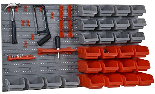 DURHAND 44PZ Contenitore Portautensile Scatole Regolabili e Rimovibile, Montaggio a Muro, PP, Rosso Grigio, 54x22x95cm