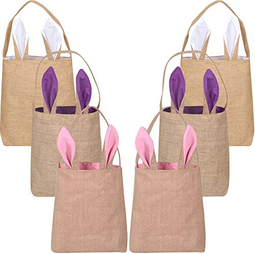 KEFAN Osterhasen-Taschen aus Jute, Hasenohren, Tragetasche, Körbe für die Eiersuche, 6er-Pack (Osterkorb 01)