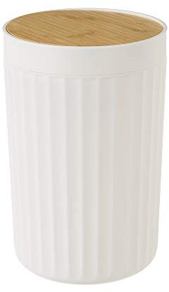 LOLAhome Papelera de baño con tapa basculante de 5L - Cubo de basura con tapa basculante de bambú para baño, aseo y oficina de 18 cm de diámetro y 28 cm de alto (Blanco estriado)