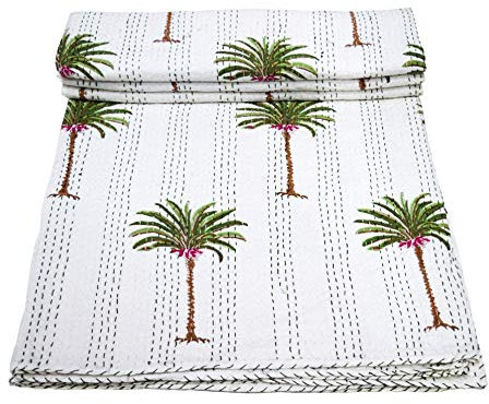 Shopping-Destination Indian Handmade Kantha Quilt Palm Tree Cotton Hand Block Print Bedding Set Kantha King Size Throw Bedspread Reversible Quilted Bedsheet Blanket Home Decor Gudri ralli