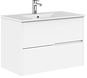 Baikal Meuble de Salle de Bain Gavin, 2 tiroirs, Suspendu au Mur, avec lavabo en céramique, Plusieurs Finitions, livré monté, sans Miroir, 90 cm, Blanc