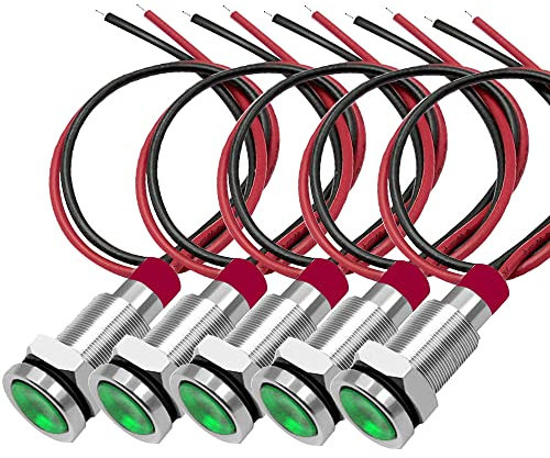 Gebildet 5 Stück 10mm 3V-4.5V-5V-6V-7.5V-9V LED Metall Kontrollleuchte wasserdichte Signallampe Pilot Dash mit Draht (Grün)
