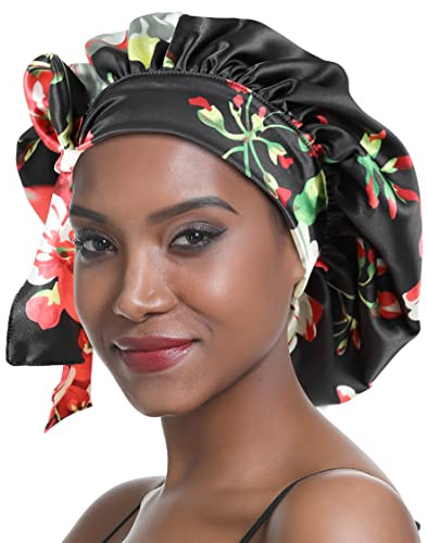 SENGTERM Satin Schlafmütze Doppelschicht Elastisch Satin Bonnet Schluchtrmütze Breites seidiges Band für Schwarze Frauen mit langem und lockigem Haar