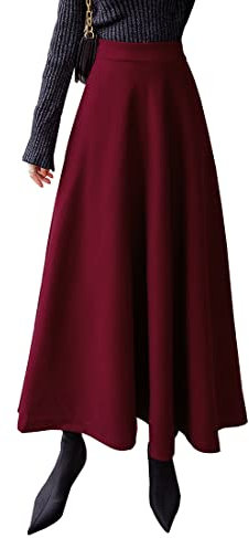 Damen Lang Rock Elegant Maxi Winterrock Plaid Warm Wollrock Hohe Taille Karierter röcke Herbst Elastische Taille Vintage A Linie Casual Midi Faltenrock C Red Wine XXL