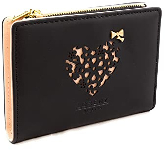 Woodland Leathers Portafoglio da donna e porta carte RFID con motivo decorativo a cuore, in finta pelle, con cerniera e bottoni multipli, Nero , Small and Large, Moderno