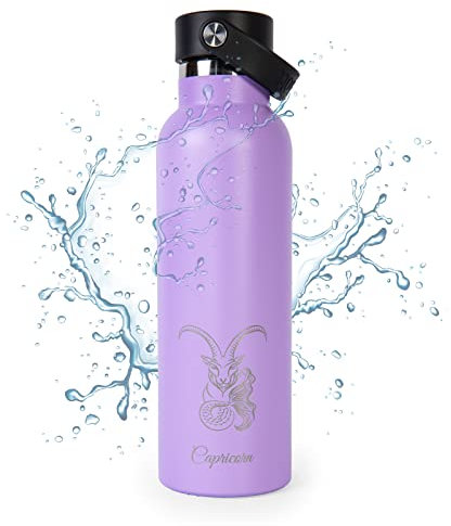 PracticDomus Runbott Zodiac Botella Agua Térmica 600 ml en Acero Inoxidable con Recubrimiento Interno Cerámico. Capricornio (Lila)