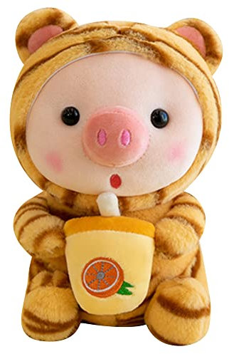 25cm Plüschtier Schwein Stofftier, Cartoon Tiere Plüschkissen Gefüllte Kuscheltier Hase Frosch Schwein Kuscheltier mit Milchtee Tasse Weiche Puppe Plüsch Spielzeug Geschenk für Kinder Jungen Mädchen