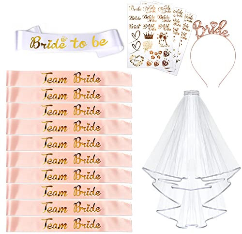 AniSqui 16 Pezzi Gadget Addio al Nubilato Sposa e Amiche, Velo Sposa Addio al Nubilato Gadget, Team Bride, Bride to be Addio al Nubilato, Fasce Addio al Nubilato