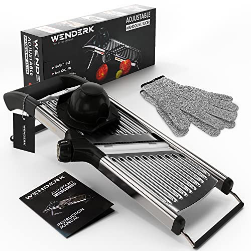 Mandoline réglable en acier inoxydable avec gants résistants aux coupures – Mandoline de cuisine professionnelle pour trancher les aliments, les légumes, les oignons, les pommes de terre, les fruits,