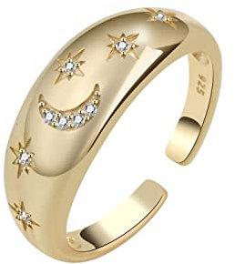 PAIHUIART Ring Ringe Damen Bijouterie Frauen Schmuck Damenring Eheringe Neue Einfache Zirkon Sterne Und Mond Ringe Retro Öffnung Handgemachter Ring Für Frau Mode Edlen Schmuck Gold