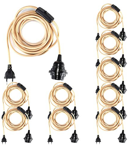 FAZRPIP 10er-Pack Single Vintage Birne Kabel Edison Sockel Lampenstecker Pendelleuchte Industrielle DIY Lampenfassung E26/27 Sockel, Verlängerung Hängendes Laternenkabel mit Schalterstecker