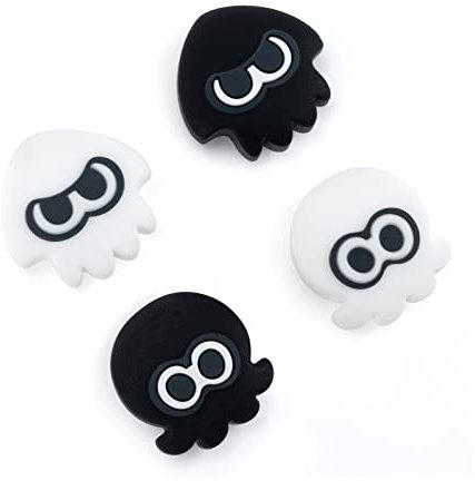 WISHAVEN Joycon Lot de 4 capuchons de pouce compatibles avec Splatoon Nintendo Switch, coque de joystick en silicone souple pour manette Nintendo Switch/OLED/Lite, calamar et pieuvre (noir et blanc)
