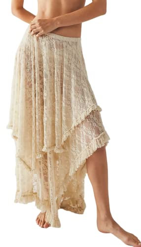 R.Vivimos Women Summer Boho Lace Beach Cover Up Maxi Skirt Translucent Swing Ruffle Irregular Hem Long Skirts(Small,Beige)