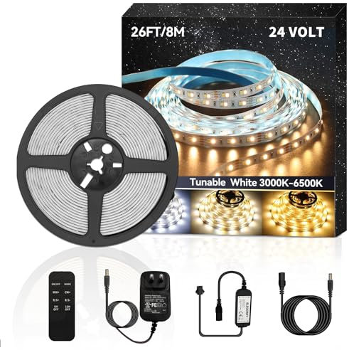 BUNACET LED Strip Streifen 8M 24V Dimmbar Warmweiß 3000K-6500K Kaltweiß, LED Leiste Band Stripes Lichtband Weiß 960 LEDs mit RF Fernbedienung Netzteil für Küche, Kabinett, Schränke, Innen