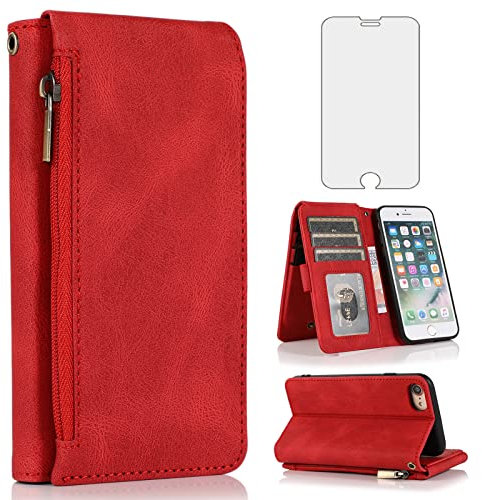 Compatible with iPhone 7/8/SE 2020/2022 Wallet Case Tempered Glass Screen Protector Zipper Leather Flip Cover Card Holder Stand for iPhone7 iPhone8 SE2020 SE2022 2/2nd/3/3rd SE2 SE3 Women Men Red