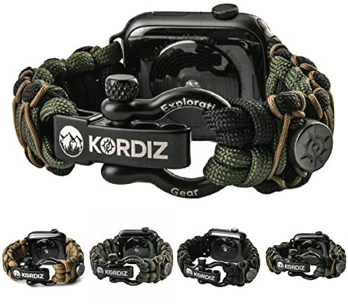 KORDIZ Survivor Pro – Paracord Apple Watch Armband kompatibel mit Apple Watch Serie 8/7/6/5/4/3/2/1/SE & Ultra – 49 mm 45 mm 44 mm 42 mm – mit verstellbarem Bügel aus Edelstahl (Schwarz/Grün & Micro