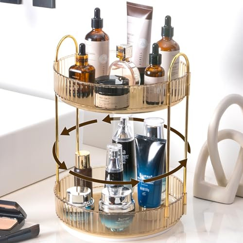 Lighterday Make Up Organizer 360° Drehbar Schminktisch Organizer Kosmetik Organizer für Kosmetik Skincare Parfüm,Makeup Organizers für Schminktisch Badezimmer Schlafzimmer (2 Lagen Gold)