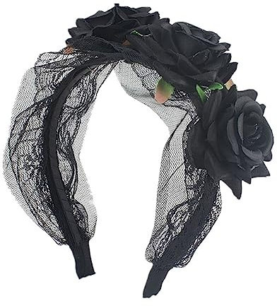 Dia de Muertos Haarreif,Tag der Toten Haarreif Schwarz Schleife,Halloween Kostüm Damen Haarschmuck,Tiara mexikanischen Stirnband Blumen Kronen Kopfschmuck für Halloween Karnival Fasching Mottoparty