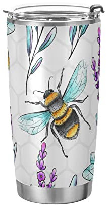 Tumbler Bee Lavender Flower Isolierte Kaffeetasse Fahrer Getränkebehälter Büro Reisebecher mit Strohhalm und Deckel 20oz Geschenk zum Schulanfang