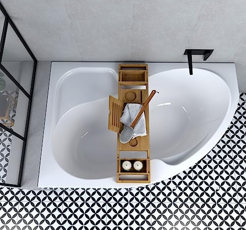 ECOLAM® Eckbadewanne WELA 170x100 cm LINKS | Qualitätswanne Badewanne Acrylwanne Acryl Sanitäracryl + Bambusablage + Ablaufgarnitur Ab- und Überlauf Automatik Füße Silikon | rutschfest pflegeleicht