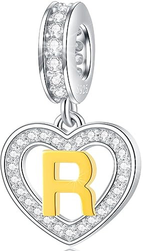 Buchstabe R Charms Initial Halskette Anhänger, 18K Vergoldet Letra r, 925 Sterling Silber Herz Alphabet Dangle CZ Perlen, passen Pandora Reflexions Armband, Geschenke für große Schwester/Frau/Pareja