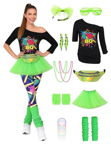 Mrsclaus 80er Jahre Outfit Damen 80 Jahre Kostüm Zubehör Set 80er T-Shirt Tutu Bauchtasche Ohrring Halskette Retro Neon 80 Jahre Outfit Party Kostüm Accessoires für Karneval Mottoparty