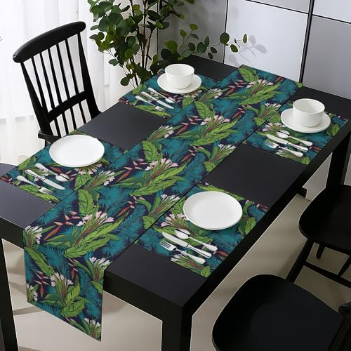 Ambesonne Leaf Table Runner & Placemats, Tropical Jungle Palm Tree Banana Leaves Frangipani Heliconia on Dark Blue Background, Set for Dining Table Decor, Placemat 4 pcs + Runner 16x72, Blue Teal