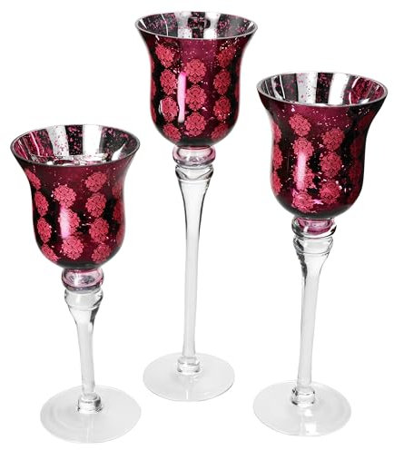 MamboCat Lot de 3 photophores Manou I Photophore en rouge (foncé) sur pied avec décor floral et surface intérieure argentée I Hauteur 30 cm, 35 cm et 40 cm I Bougeoir en verre Mercury, décoration de