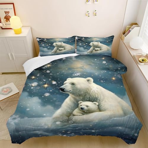 CHEFFS Eisbär Bettwäsche 135x200 cm Eisbär Kinderbettwäsche für Jungen Mädchen, Eisbär Biber Weiss Bettwäsche Set 3D Drucken 100% Mikrofaser Eisbär Bettbezug Und Kissenbezug (135 x 200 cm,3)