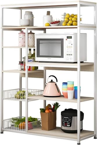 Estantería de Cocina, Estantería para Microondas, Mueble Auxiliar de Cocina de Niveles, Estante Abierto de Pie 2 Mallas metálicas y múltiples Estantes, 80x30x142cm, Madera, Color Blanco y Madera