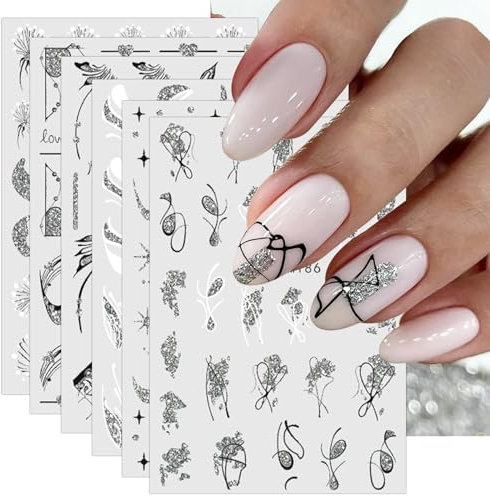 jmeowio 10 Sheets Glitter Flower French Tip Nail Art Stickers Decals Self-Adhesive Black White Nail Supplies Nail Art Design Decoration Accessories