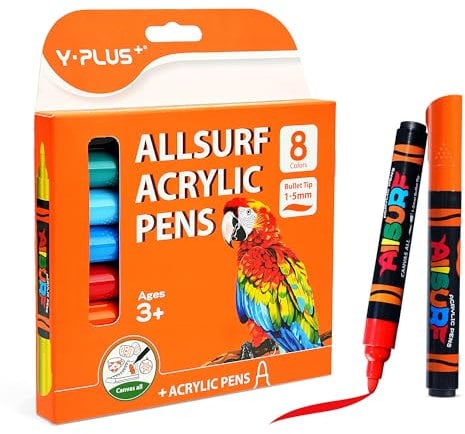 YPLUS Acrylic Paint Pens for Kids, Permanent Fabric Markers Waterproof, Acrylic Markers Painting for Rock Clothes Wood and More - 8 Colours