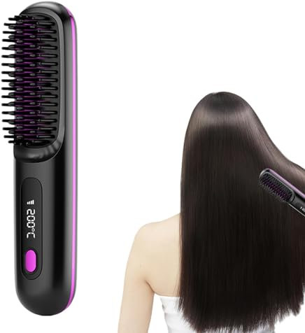 Cordless Hair Straightener Brush | Portable Ion Hair Straightener Hot Comb | LCD Display Anti-Scald Hot Straightening Brush with 3 Heating Settings, USB Charging