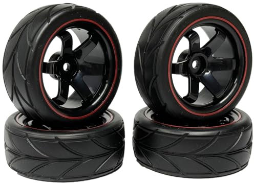 KINGCOO RC Auto Reifen und Räder Set, 4Stück 64mm Gummireifen und 6 Speichen Felgen Kunststoff Rad 12mm Hex für 1/10 RC On-Road Run-Flating Touring Racing Auto (Schwarz Rot)
