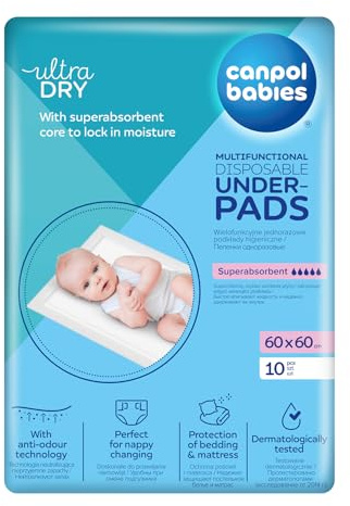 Canpol babies Vielzweck-Hygieneunterlagen mit Klebestreifen, für Betten, saugstark, weiche Oberfläche, Geruchsneutralisation (60x60 cm, 10 St.)