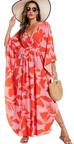 Moss Rose Kaftan Dresses for Women V Neck Summer Swimsuit Cover up Caftan Maxi Beach Dresses