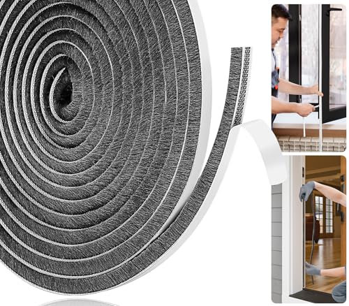 Joaercs Brush Door Draft Excluder Tape, Draught Excluder for Windows, 10Meters(L) x 9mm(W) x 5mm(T) Self-Adhesive Seal Strip, Stop Draft for Doors, Window, Wardrobe, Grey
